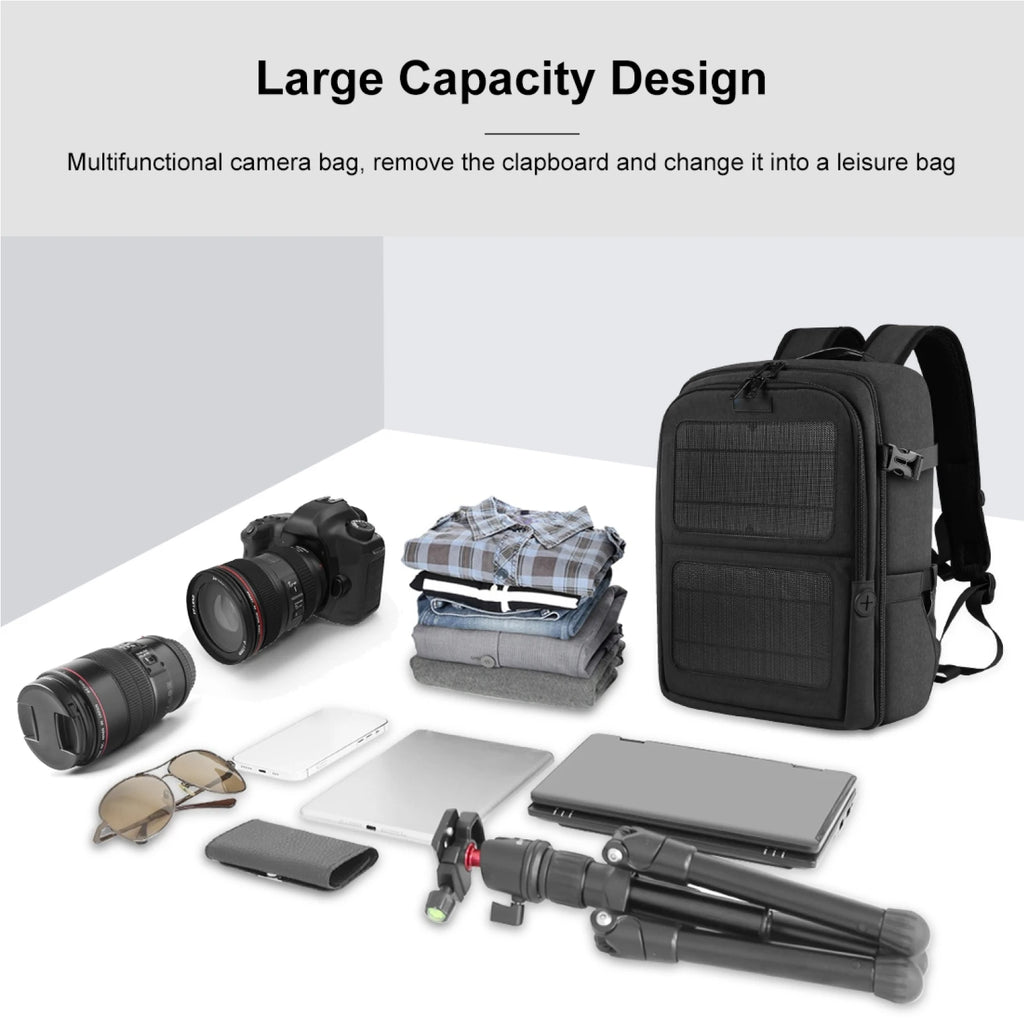 Mochila para cámara PULUZ PU5018B con panel solar, bolsa para cámara resistente al agua, mochila de fotografía multifuncional de gran capacidad