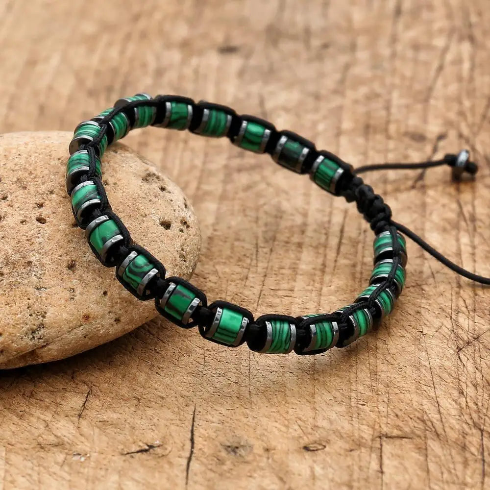 Pulsera trenzada de cuentas de hematita de malaquita de 3x6mm, pulsera tejida hecha a mano con abalorio de Yoga bohemio, joyería de moda para hombres y mujeres