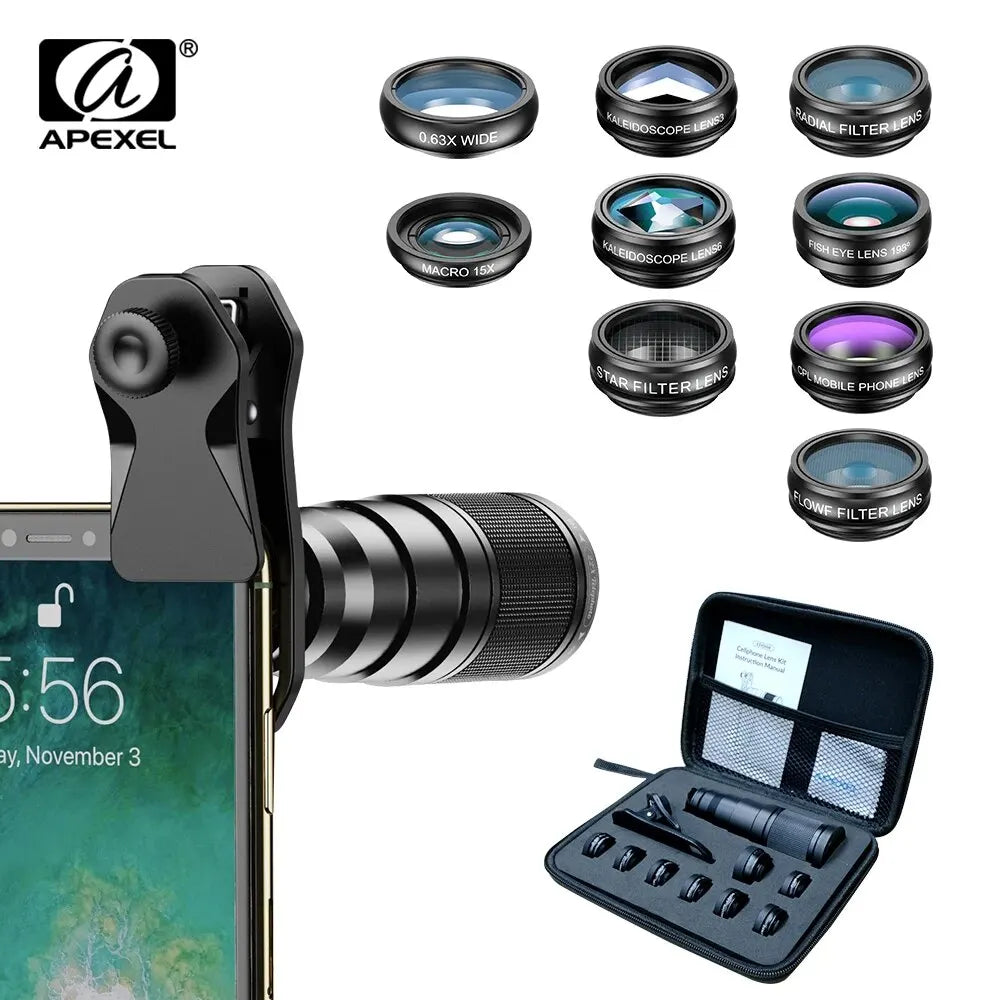 APEXEL-Kit de lentes para teléfono móvil, teleobjetivo 22X, ojo de pez, lente Macro gran angular, filtros de flujo de estrella CPL para todos los teléfonos inteligentes, 10 en 1