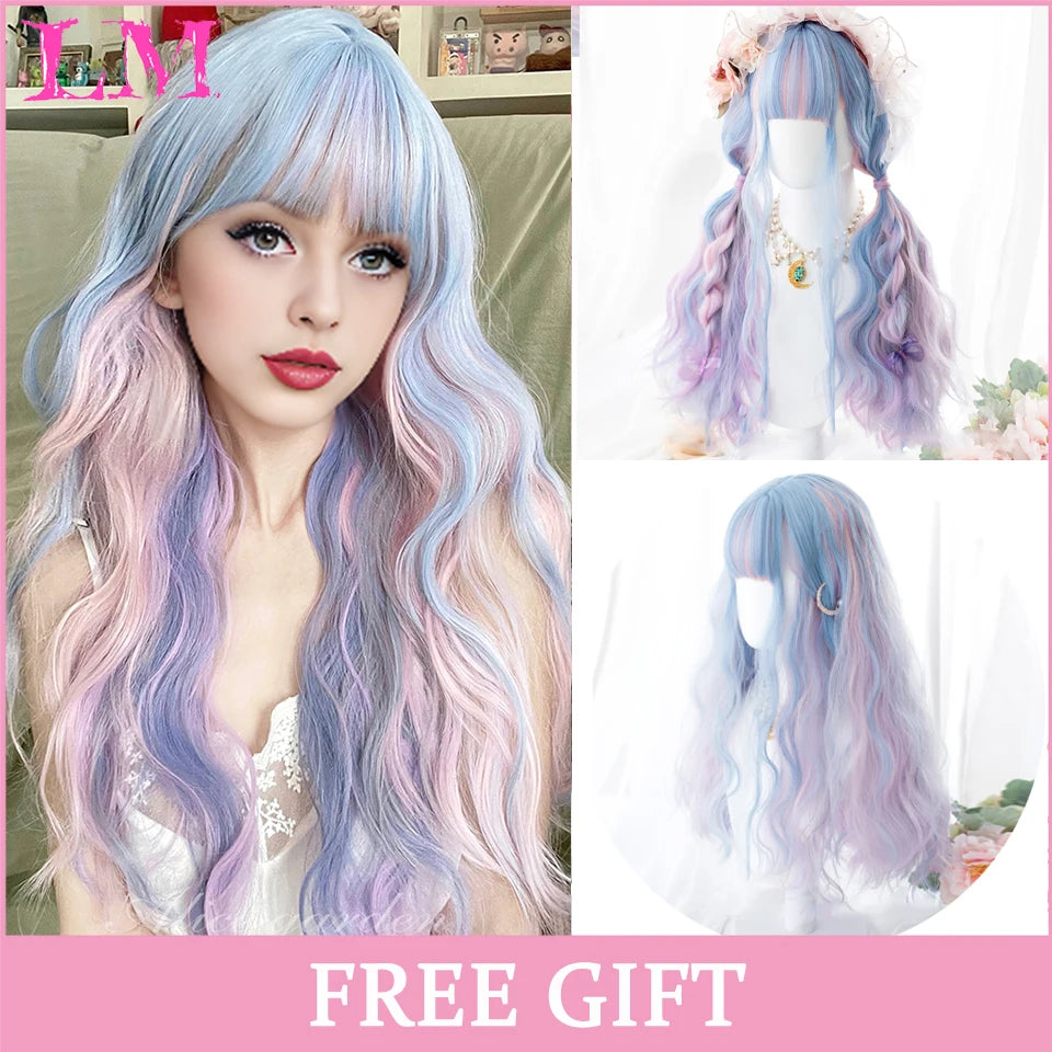 LM Rubio sintético Ombre mezclado rosa Rubio largo ondulado pelucas con flequillo Cosplay fiesta uso fibra resistente al calor para mujeres