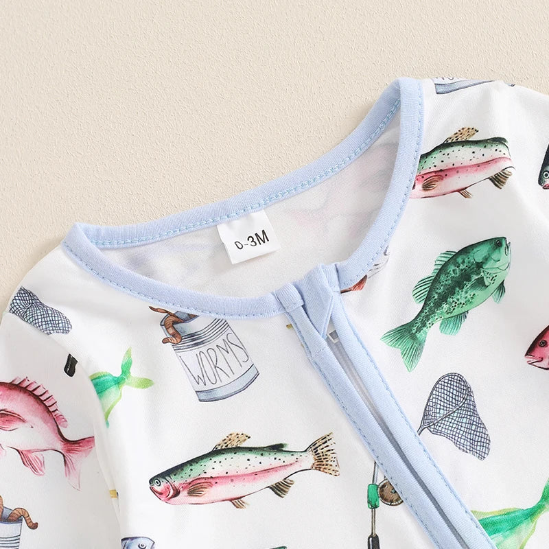 Lioraitiin-Pelele informal de manga larga para bebé, mono con cremallera oblicua, cuello redondo, estampado de peces, Otoño, 2024, 05-31