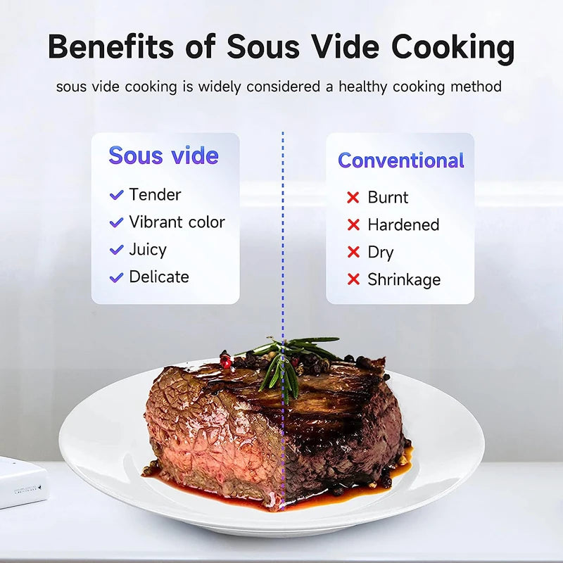 Sous Vide WIFI 1100W de alta potencia con función de olla de cocción lenta Temporizador de 99 horas y cocción al vacío de precisión, ±0,1 ° C Contraste de temperatura
