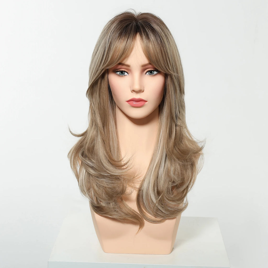 Pelucas Allbell Magique de largo ondulado en capas, pelo marrón miel con flequillo lateral para mujeres, pelucas sintéticas naturales resistentes al calor para uso diario