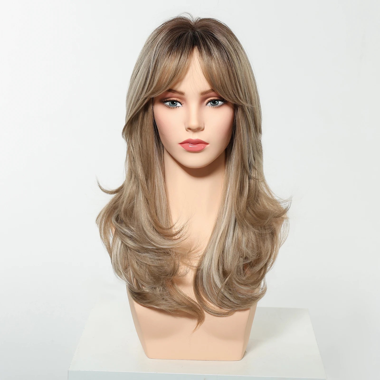 Pelucas Allbell Magique de largo ondulado en capas, pelo marrón miel con flequillo lateral para mujeres, pelucas sintéticas naturales resistentes al calor para uso diario