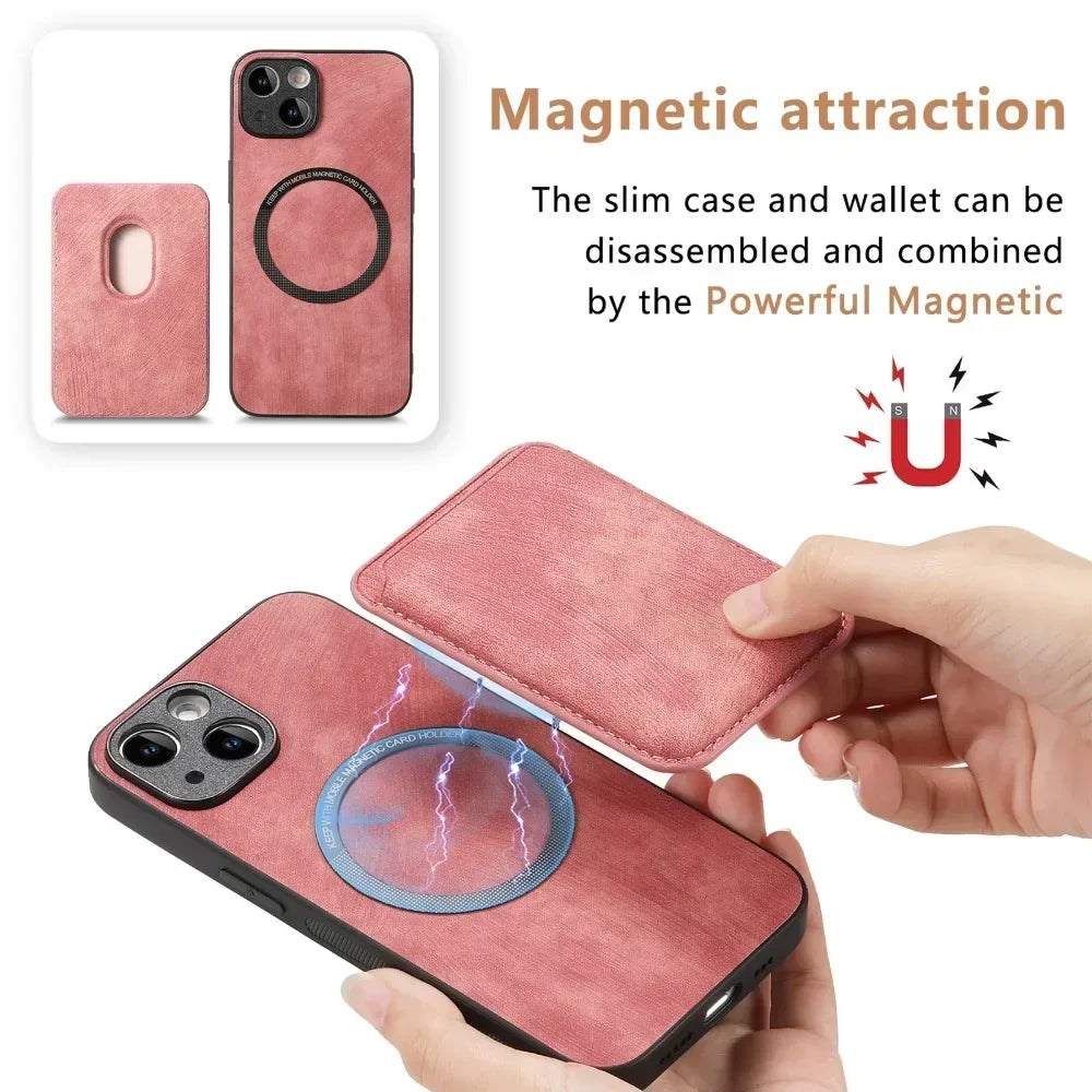 Funda de Cuero Vintage con Tarjetero Magnético Desmontable para iPhone 11 12 13 14 15 16 17 Pro Max Plus, Funda Protectora
