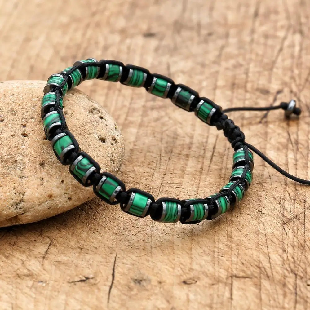 Pulsera trenzada de cuentas de hematita de malaquita de 3x6mm, pulsera tejida hecha a mano con abalorio de Yoga bohemio, joyería de moda para hombres y mujeres