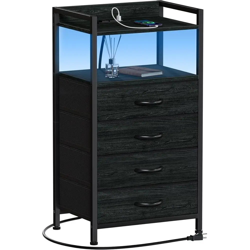 Mesa de Noche para Recámara con Estación de Carga, 2 Enchufes y 2 Puertos USB, Muebles para Recámara