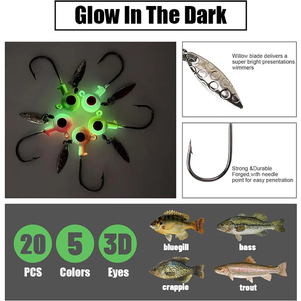 Cabezas de jig para pesca en agua dulce, señuelos, cabezas de jig con ojo, 20 unidades, anzuelos pintados, jigs de pesca para lubina/crappie, 1/8, 3/16, 1/4, 3/8 oz