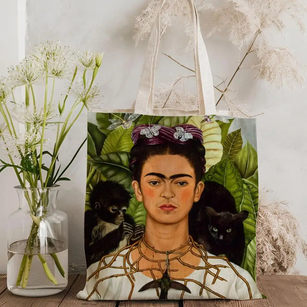 Bolsos de Almacenamiento Art F-Frida Kahlo, Bolso Tote de Lona con Estampado a Doble Cara, Bolso de Hombro de Gran Capacidad para Mujer
