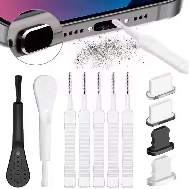 Juego de limpieza de puerto de carga para altavoz de teléfono móvil, tapón antipolvo para iPhone 17 16 15, Kit de limpieza de auriculares, cepillo para Samsung Xiaomi
