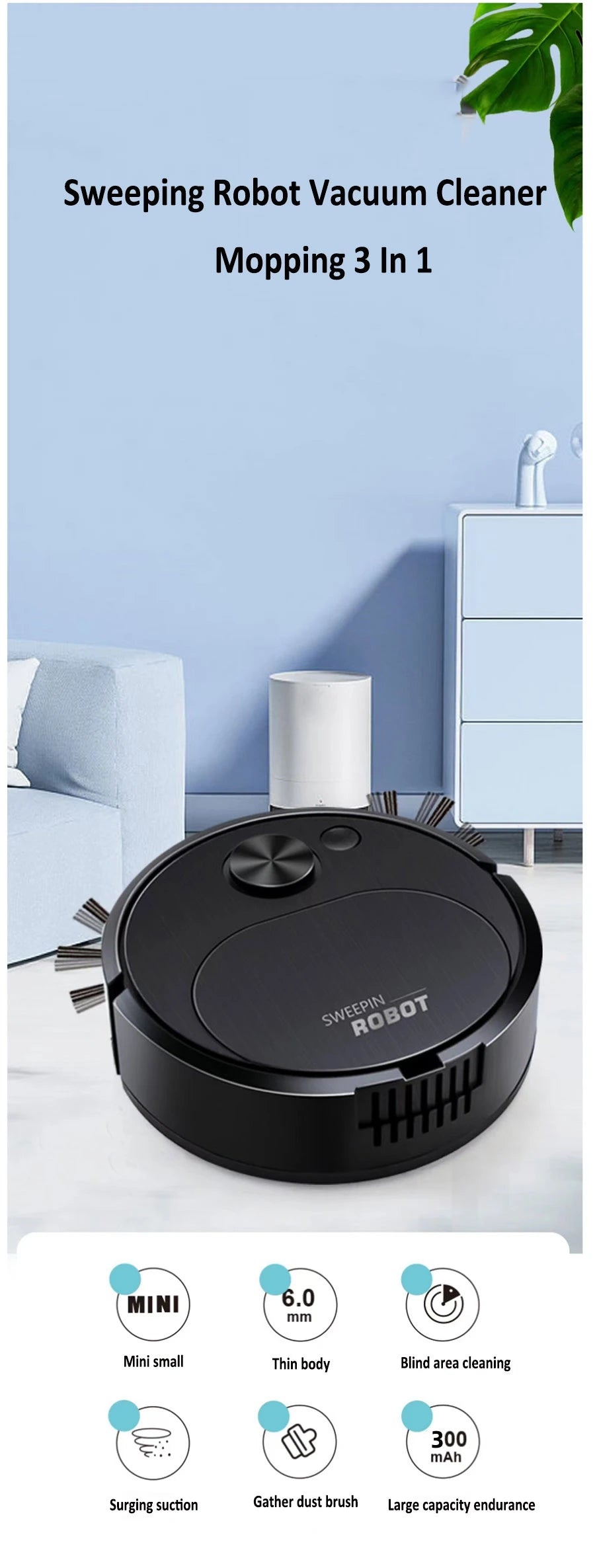 Nuevo Robot aspirador de barrido USB, fregado 3 en 1, inalámbrico inteligente, 1500Pa, limpieza de arrastre, barrido de suelo para el hogar y la Oficina