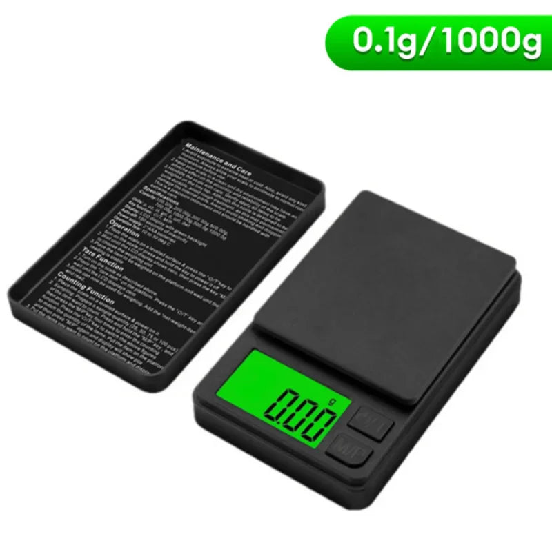 Báscula de bolsillo de precisión 1000 g x 0,01 g - Balanza digital de gramos, alimentos, joyas, onzas/granos con LCD retroiluminado - Mini báscula para viajes