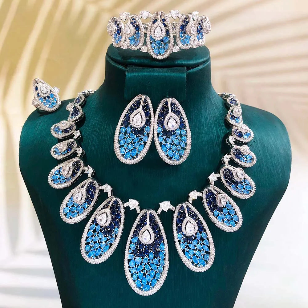 GODKI Nuevo Conjunto de Joyería de Alta Gama con Circonita Azul India para Mujer, Set de Collar y Pendientes para Boda, Collar Nupcial de Circonita Cúbica Estilo Dubái 2026