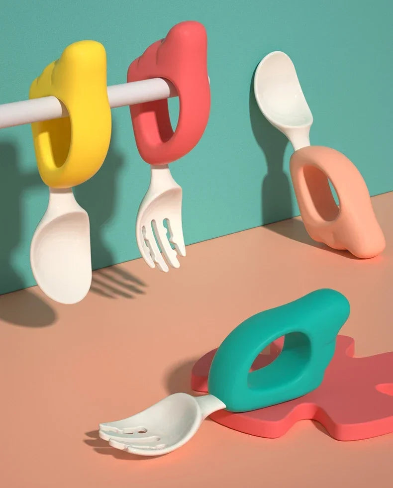 Cuchara, tenedor para bebé, aprender a comer, entrenar, 1-2 años, comer, juego de palillos para bebé, tenedor de comida complementaria, vajilla de plástico