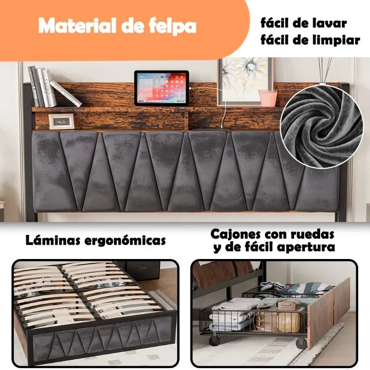 Plataforma de marco de cama, Bases de cama de madera laterales modernas, cajones, gabinetes, soporte de listones, cabecera, colchón de tamaño completo, base para camas