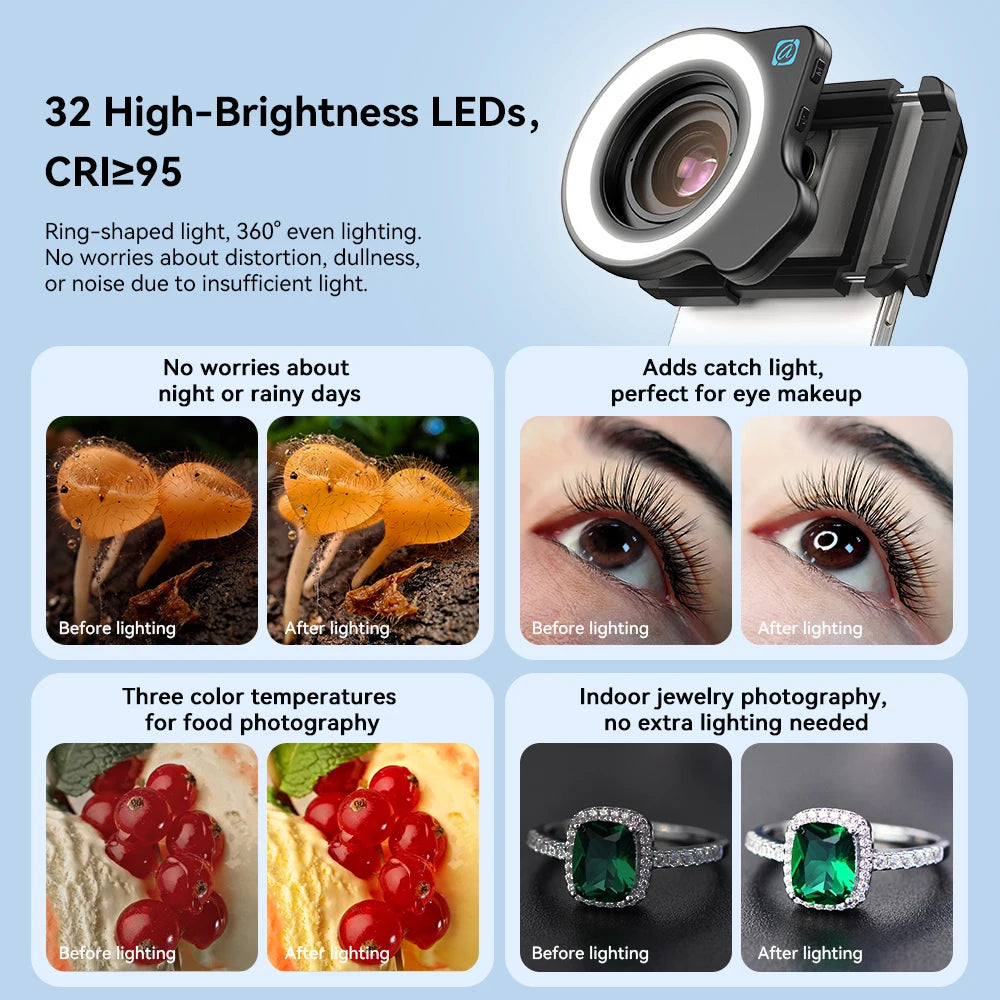 APEXEL 10-20X Zoom Macro lente HD Micro lentes de cámara de teléfono con luz de relleno LED para iPhone Samsung todos los teléfonos inteligentes Macro de pestañas