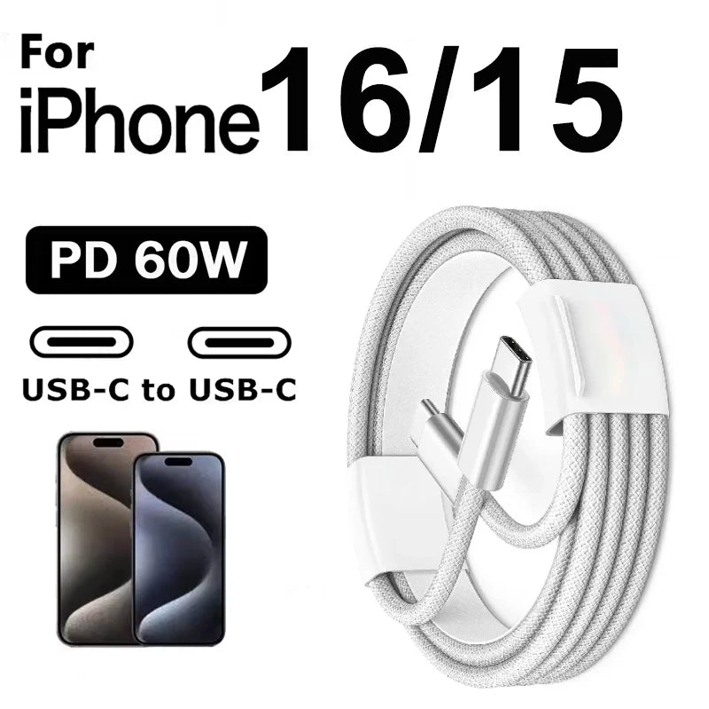 Cable de Carga Rápida USB-C a C de 60W PD para Apple iPhone 16 17E 17 Pro Max 15 Plus, Cable de Carga Rápida Tipo C con Trenzado de Nailon de 2m
