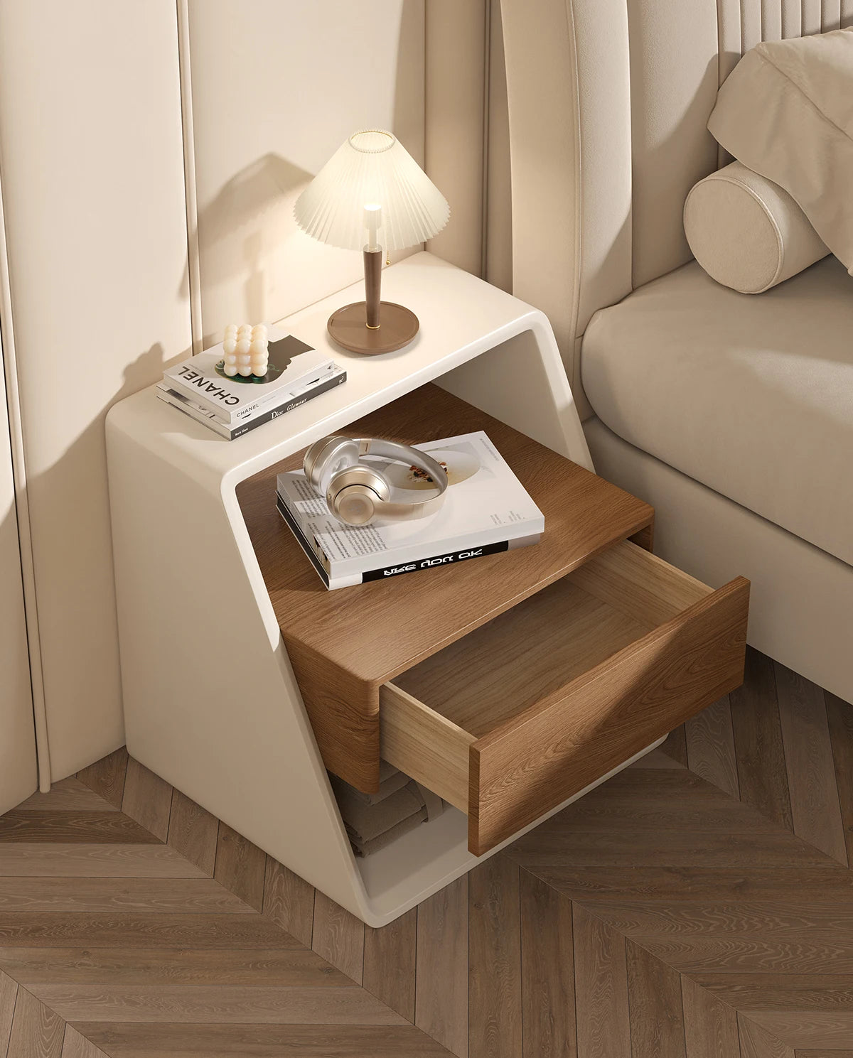Mesita de noche minimalista italiana, madera maciza, crema, viento, pintura Simple y respetuosa con el medio ambiente, mesita de noche, mesa auxiliar creativa para dormitorio