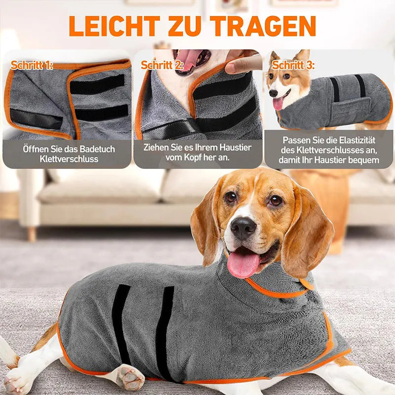 Toalla de albornoz para perros 2 en 1, cinta mágica ajustable, bata de secado rápido, ropa súper absorbente para mascotas para perros pequeños y medianos después del baño