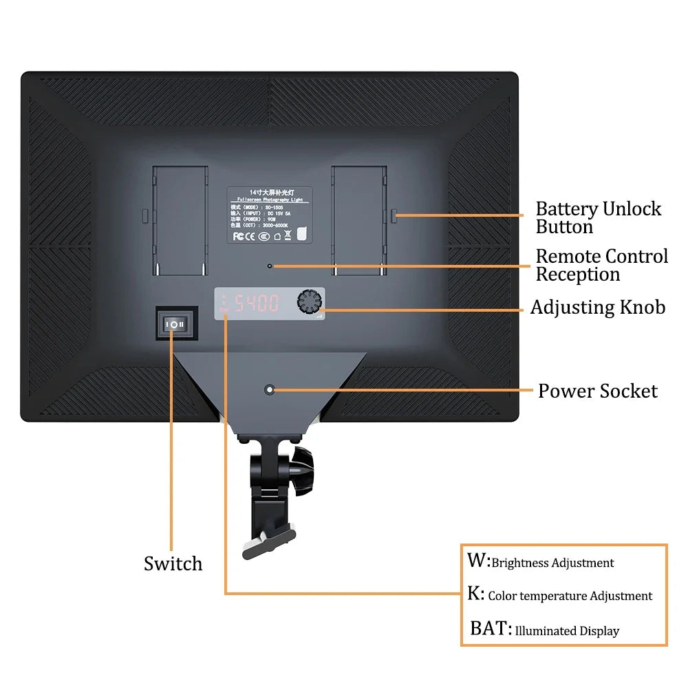 Panel de luz LED potente SH 45W, pantalla LCD de tres colores, lámpara de atenuación continua 1-100% para estudio fotográfico, grabación de vídeo profesional