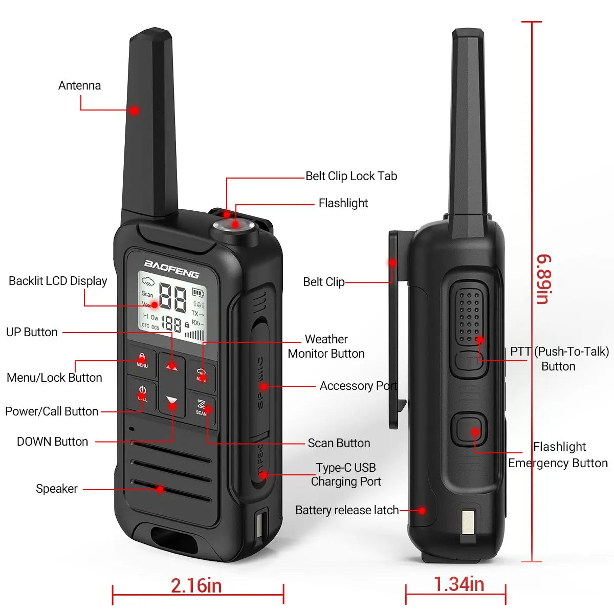 2PCS Baofeng F22 PMR 446MHz Mini Walkie Talkie Impermeable Tipo-C Sin Licencia NOAA Linterna Radio Bidireccional Portátil para Caza
