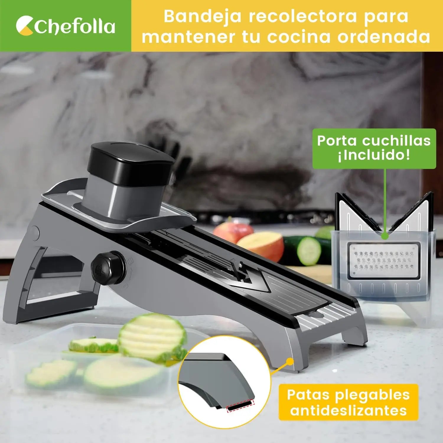 Picador de Verduras, Cortador Multiusos de Acero Inoxidable con Ajustes Regulables, Cepillo de Limpieza y