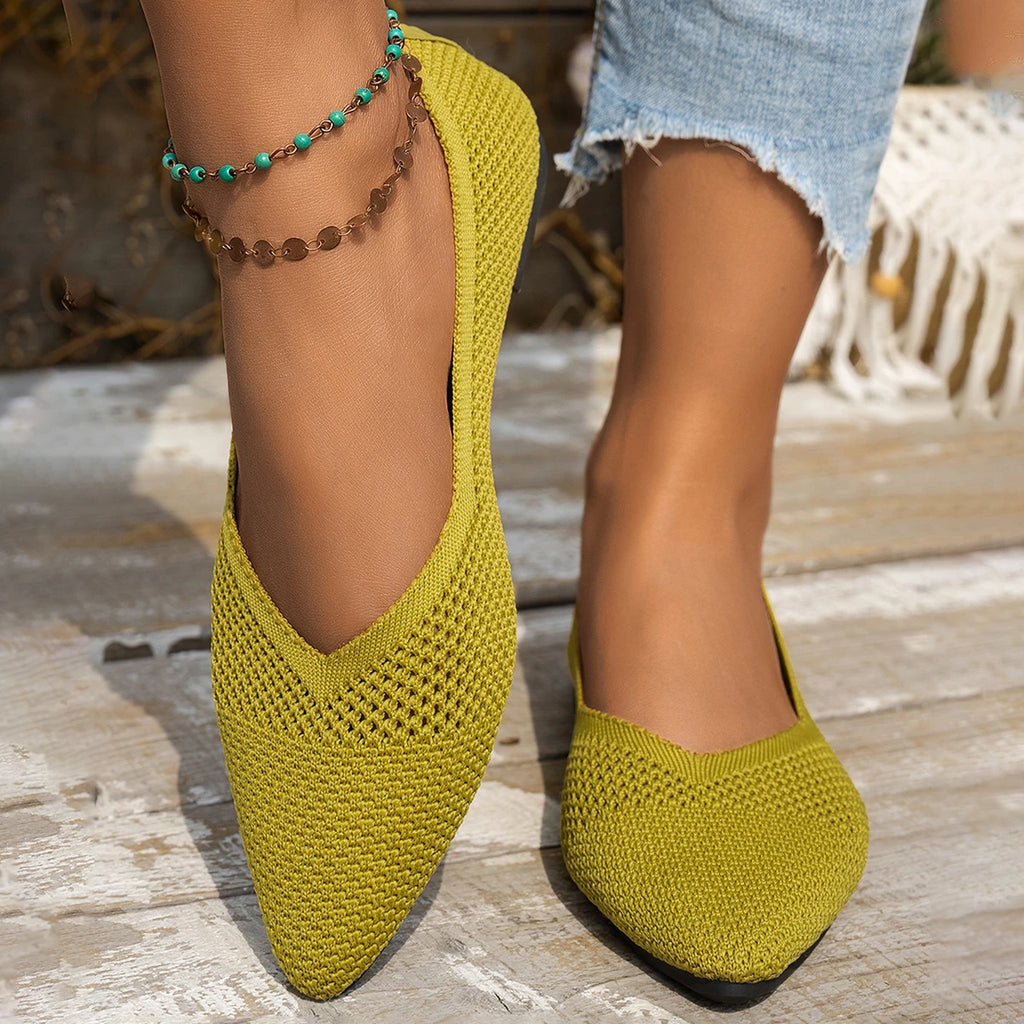 Nuevos zapatos planos con punta estrecha para mujer, zapatillas de Ballet informales transpirables, mocasines ligeros de punto de Color sólido para mujer