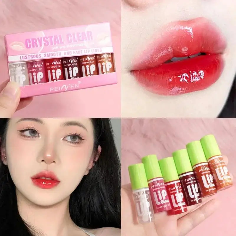 Juego de 6 piezas de brillo de labios con espejo de cristal, bálsamo labial ligero hidratante, brillo brillante, tinte transparente, melocotón, cereza, rosa