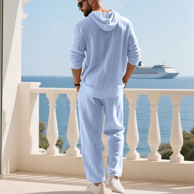 Conjunto informal holgado de lino para hombre, camisa Henry de manga larga y pantalones largos, conjunto cómodo y transpirable a la moda para otoño 2025