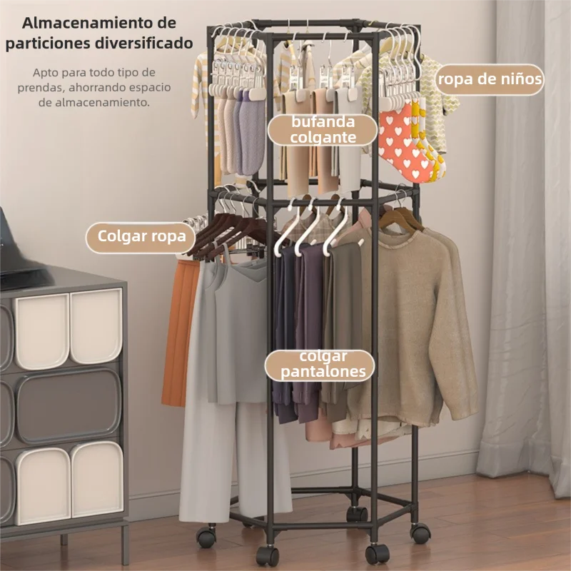 Perchero de Pie Hexagonal Giro, Perchero para Dormitorio, Cuerda de Secar Ropa Interior, Organizador Móvil de Ropa y Sombreros, Doble Capa y Desmontable