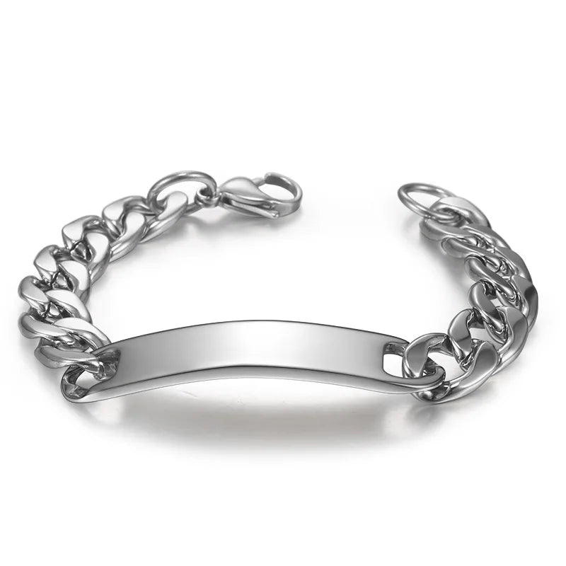 Pulseras Punk de acero inoxidable con texto grabado y logotipo personalizado para hombre, cadena cubana para mujer, pulsera de identificación, triangulación de envíos