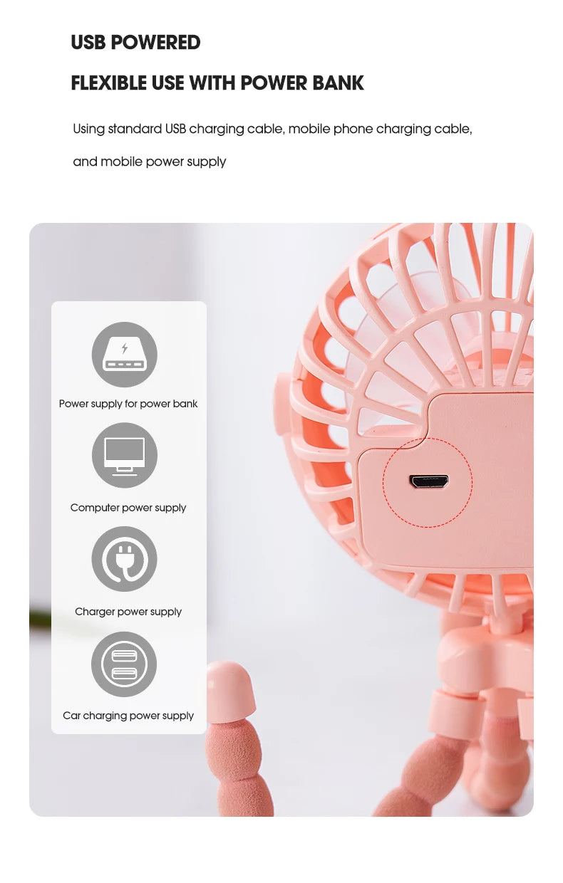 Ventilador portátil plegable de escritorio con USB, Mini ventilador de pulpo multifuncional pequeño, silencioso, para cochecito de bebé al aire libre, Verano