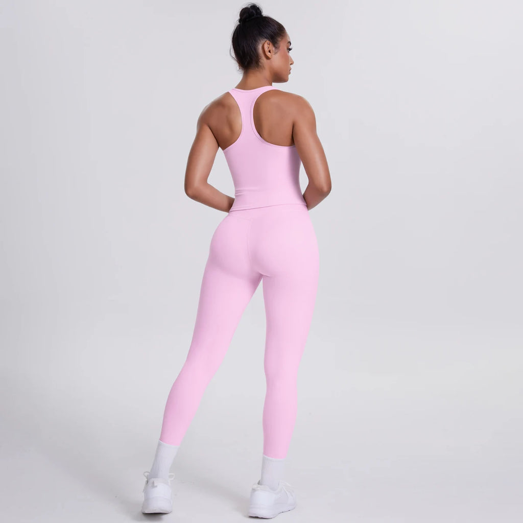 Hamidou - Conjunto de yoga de 2 piezas para mujer: leggings de fitness de secado rápido con efecto push-up y top deportivo con espalda en I de color liso.