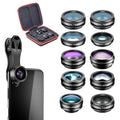 APEXEL kit de lentes de teléfono universal 10 en 1 lente macro gran angular ojo de pez filtro CPL caleidoscopio + lente telescópica 2X para teléfono inteligente