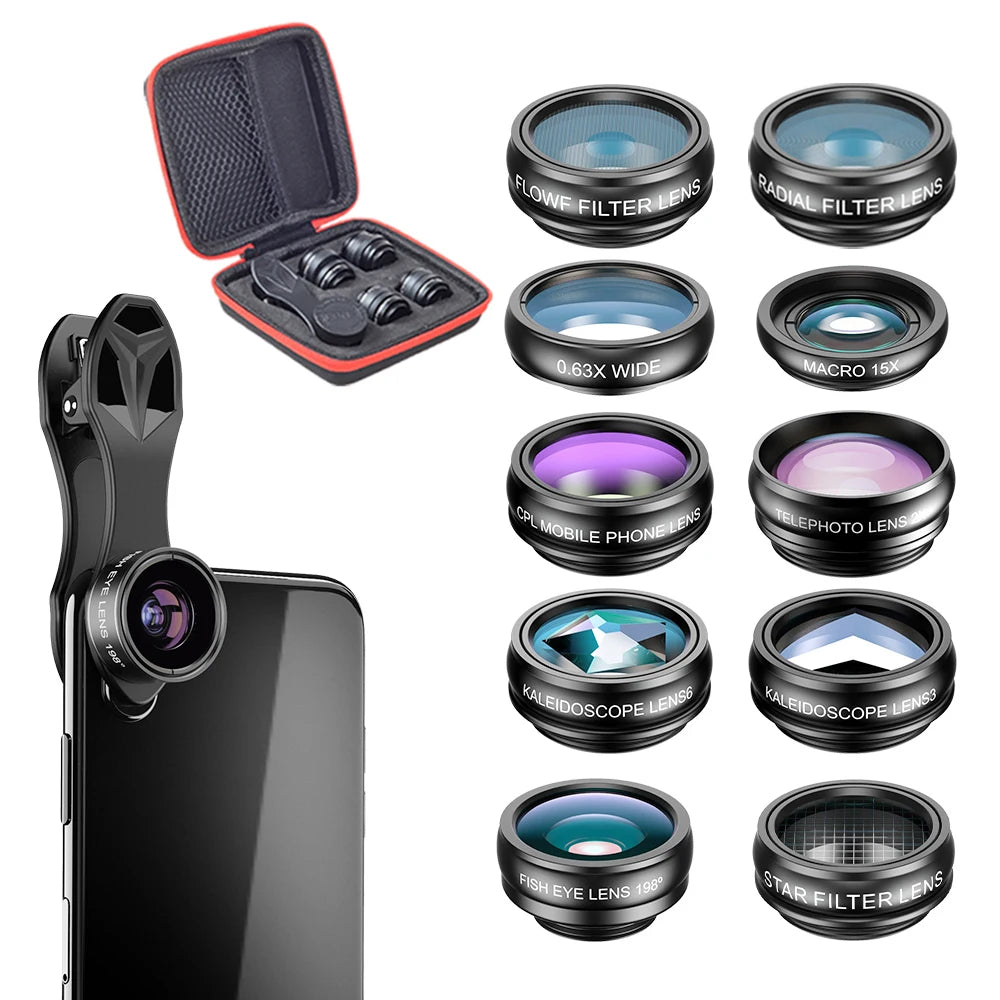 APEXEL kit de lentes de teléfono universal 10 en 1 lente macro gran angular ojo de pez filtro CPL caleidoscopio + lente telescópica 2X para teléfono inteligente