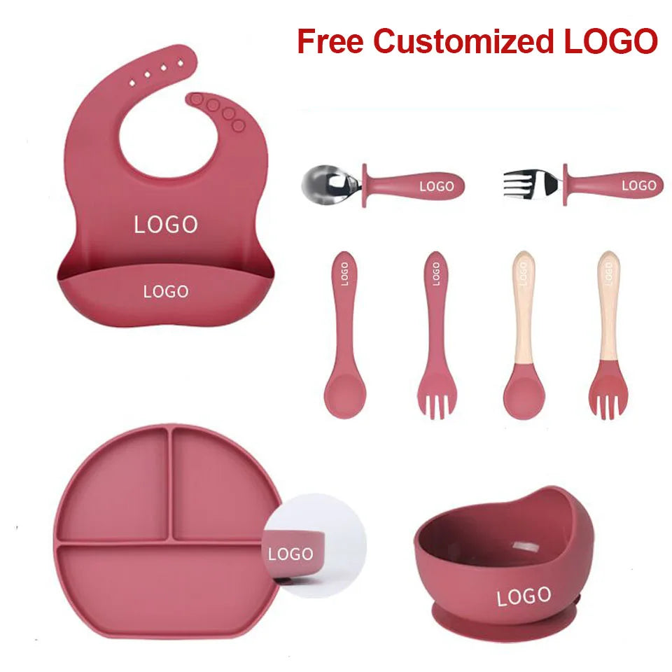 Vajilla de silicona para niños, juego de alimentación de bebé, plato de dibujos animados, nombre personalizado, taza con ventosa, plato, babero, regalo para recién nacido, 8 Uds./5 uds.