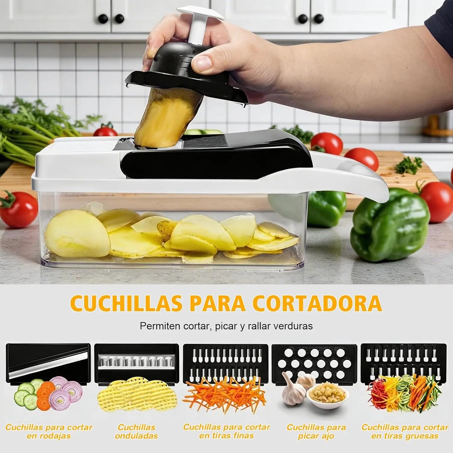 Picador de Verduras 26 en 1 con Cuchillas de Acero Inoxidable, Espiralizador, Rallador, Protector de Manos para Rebanar