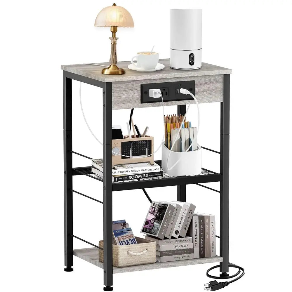 Mesa de Noche para Recámara con Estación de Carga, 2 Enchufes y 2 Puertos USB, Mesa de Noche Retro, Mueble