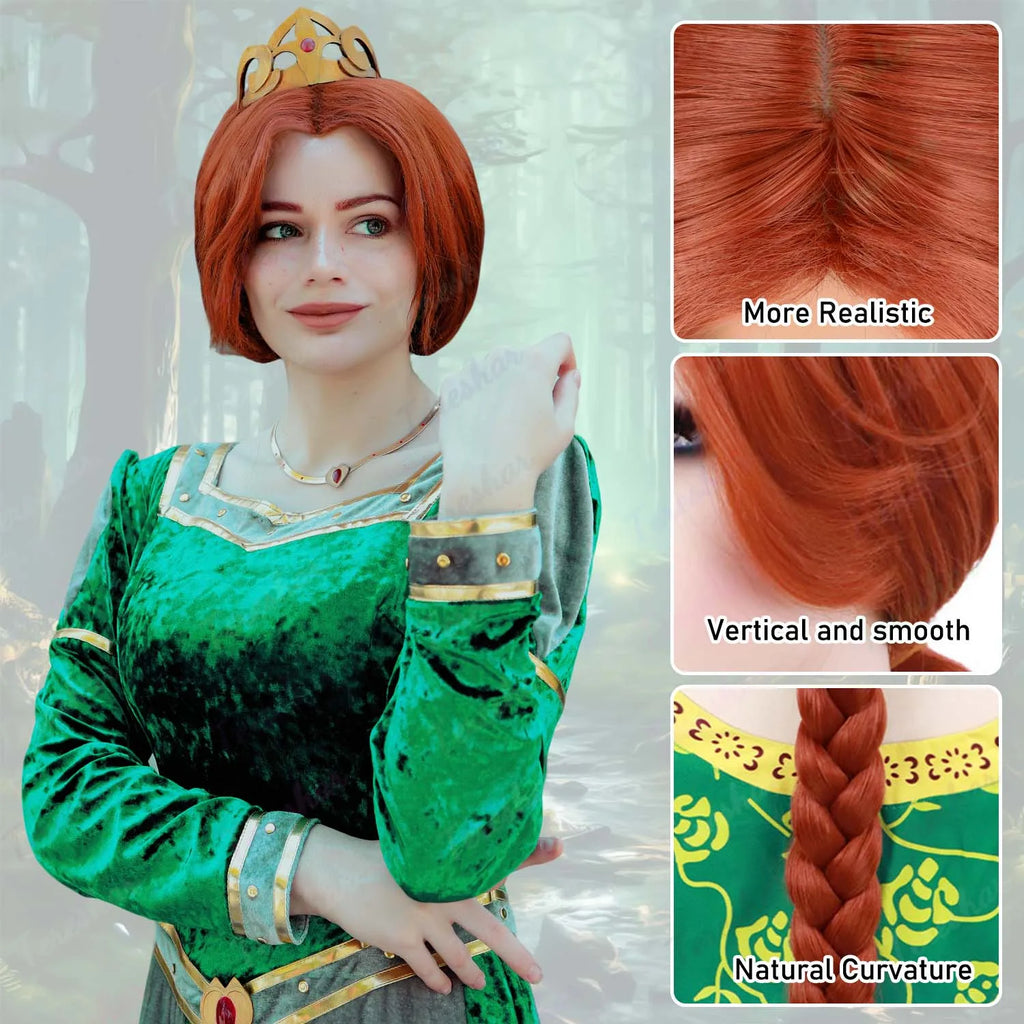 Peluca sintética de pelo de Anime Shrek largo trenzado marrón rojizo resistente al calor para disfraz de Fiona Cosplay para adultos disfraz de Fiona para mujer