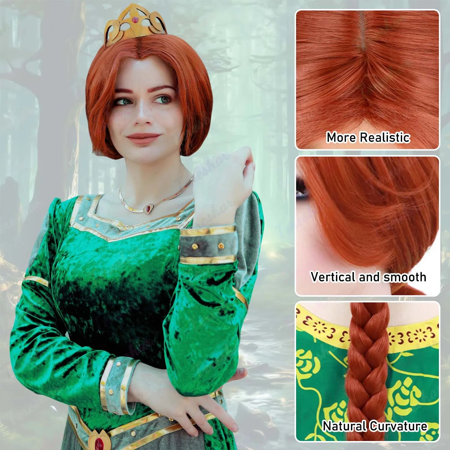 Peluca sintética de pelo de Anime Shrek largo trenzado marrón rojizo resistente al calor para disfraz de Fiona Cosplay para adultos disfraz de Fiona para mujer