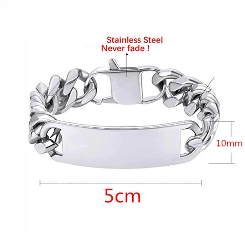 Pulseras Punk de acero inoxidable con texto grabado y logotipo personalizado para hombre, cadena cubana para mujer, pulsera de identificación, triangulación de envíos