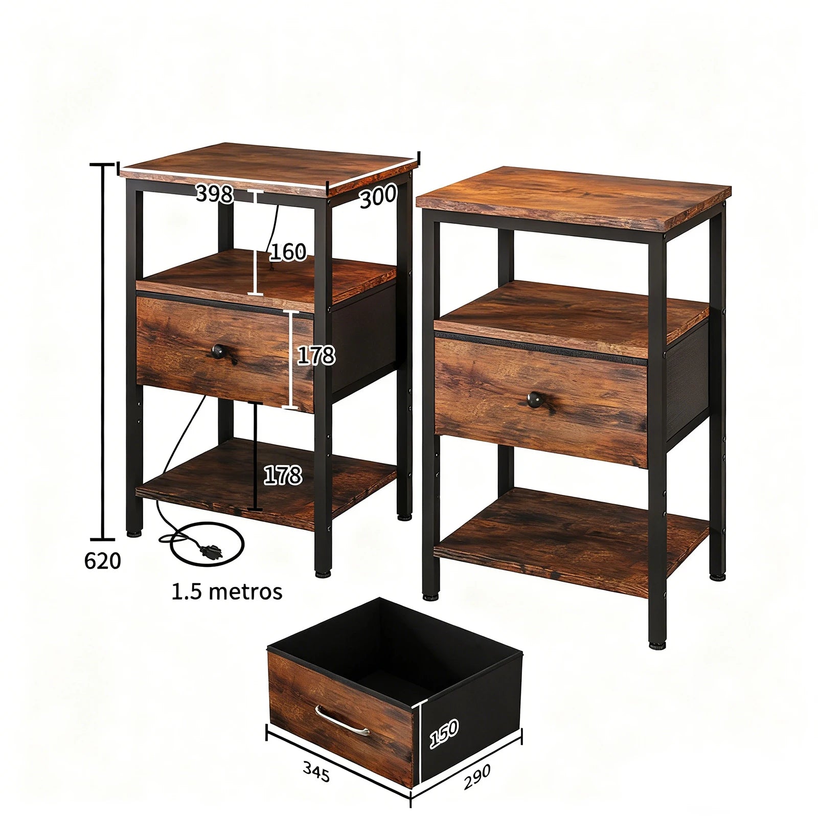 Juego de 2 Mesitas de Noche con 1 Cajón, 4 Niveles de Tomacorrientes, Gabinete Metálico de 4 Capas, Estante Abierto de Madera para Dormitorio o Sala de Estar, Color Marrón