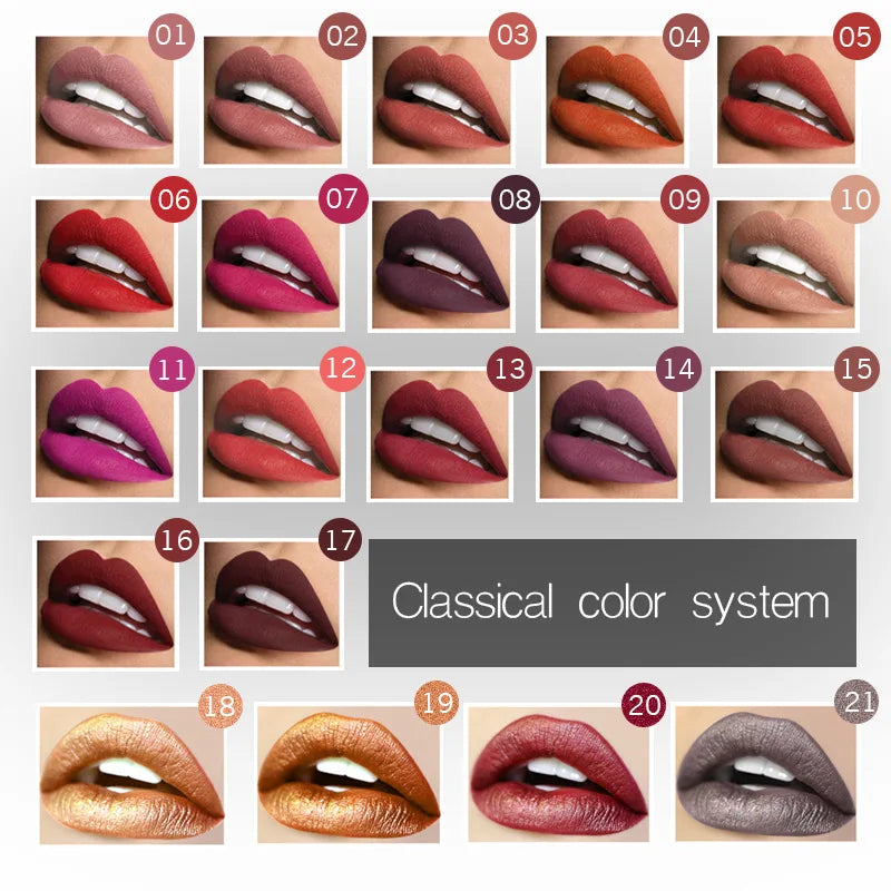 Lápiz labial líquido mate resistente al agua brillo de labios de larga duración tinte Sexy rojo desnudo púrpura lápices labiales metálicos cosméticos de maquillaje