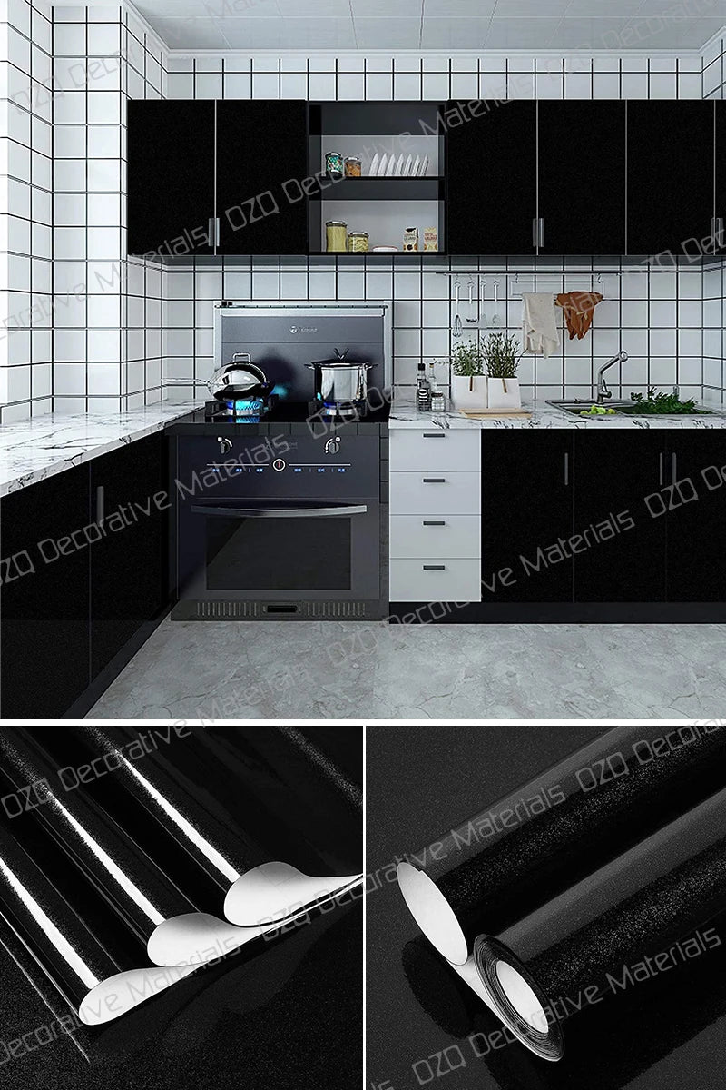 Papel tapiz impermeable de Color sólido, autoadhesivo para habitación, armario blanco y negro, pegatina de pared mate para muebles de cocina, ancho personalizable
