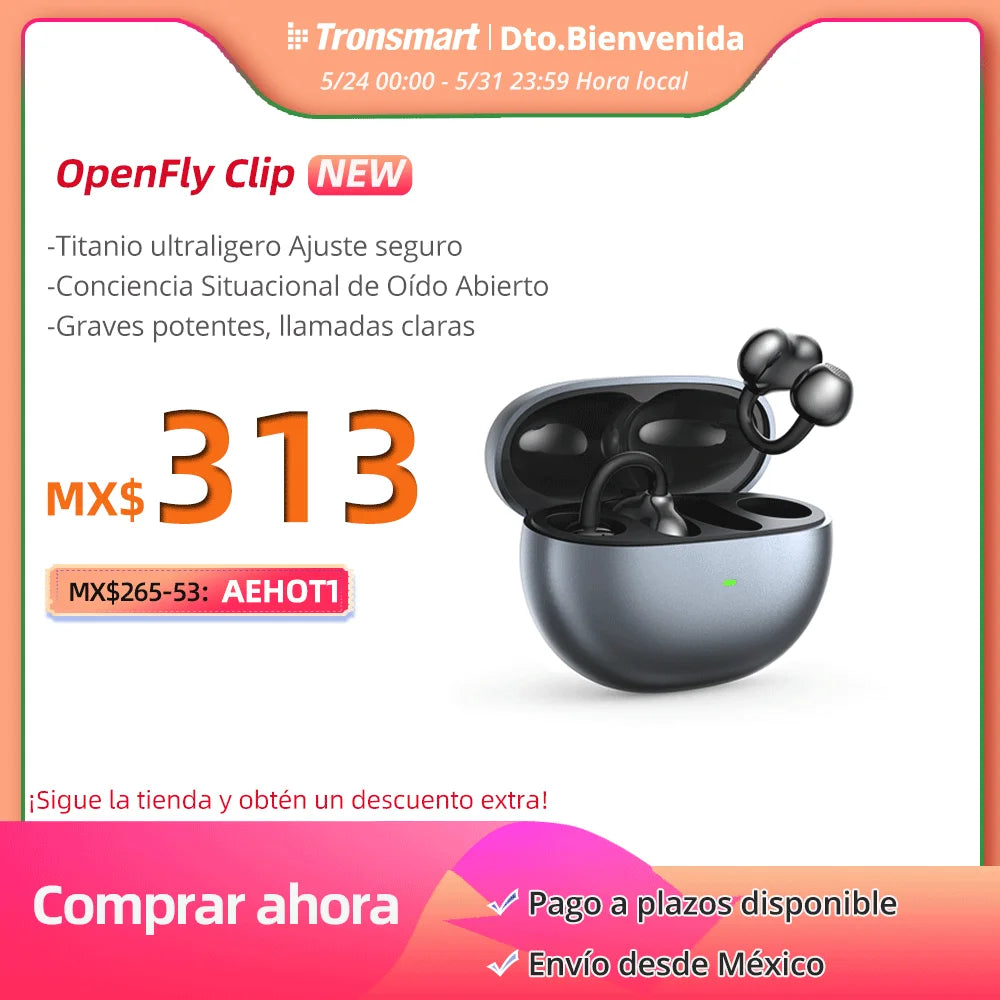 Tronsmart audífonos bluetooth OpenFly Clip con clip, Bluetooth 6.0, micrófono dual con IA, cancelación de ruido ambiental (ENC), ajuste flexible de titanio, 4,11 g, choice para correr
