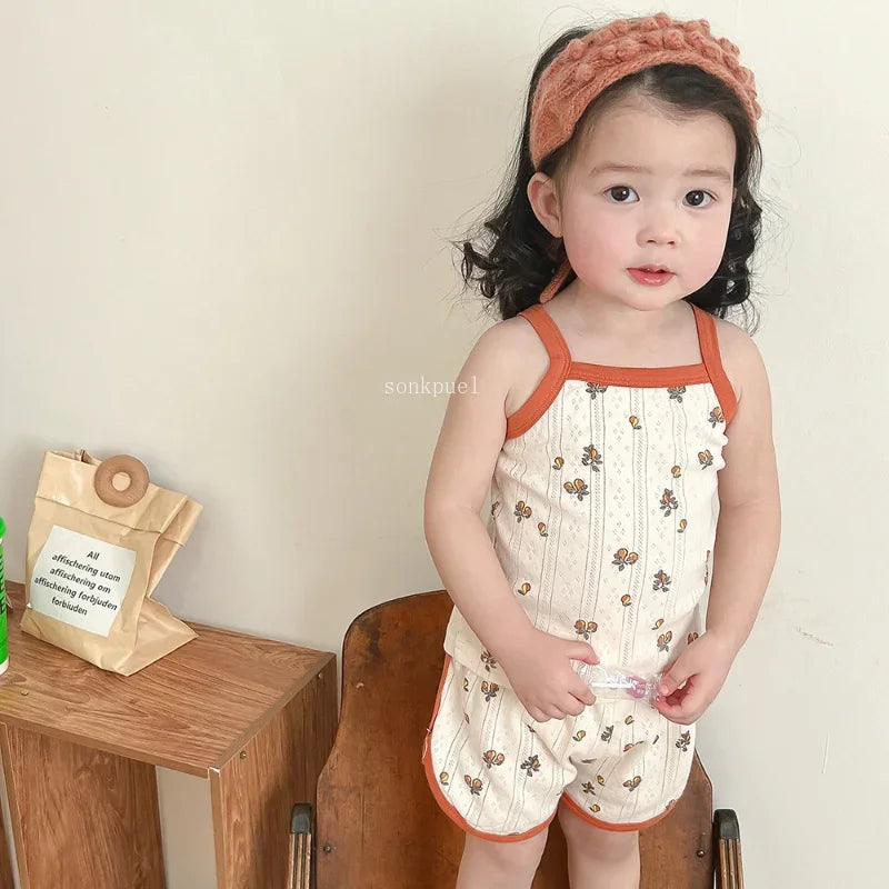 NOVEDAD DE VERANO 20225, Tops sin mangas para bebé y pantalones cortos de cintura ajustada, traje de 2 piezas, conjunto de ropa con cuello cuadrado para niñas, ropa de algodón para niños