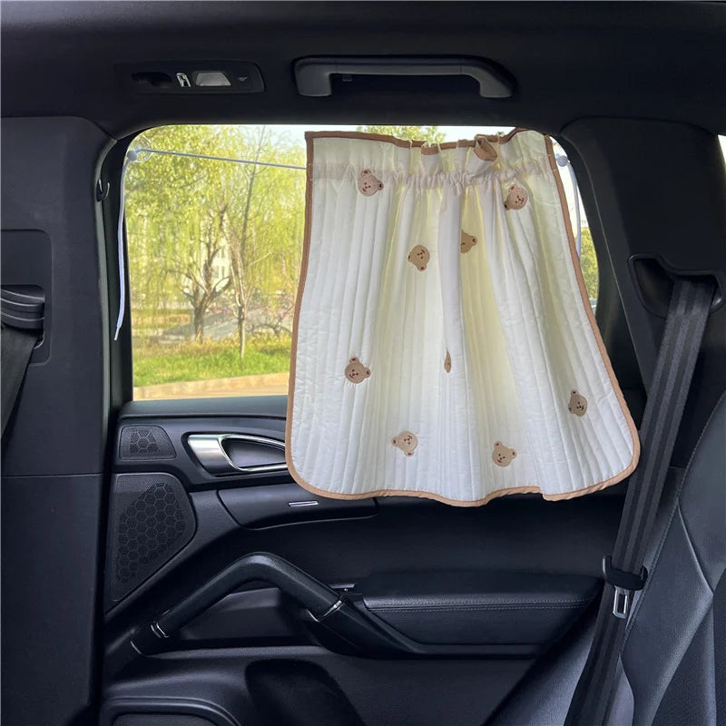 Parasol para ventana de coche de bebé, de algodón grueso bordado con dibujos animados, protección UV, ventosa, cortina deslizante instalada