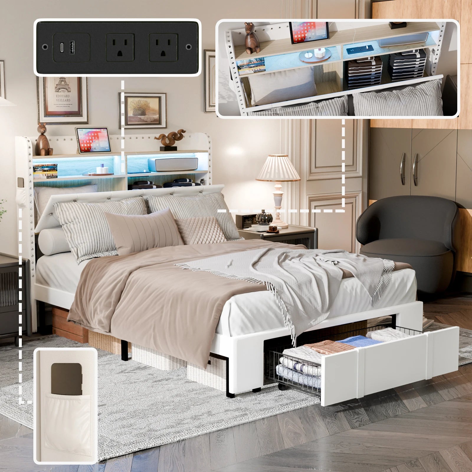 Cabecero de madera, marco de cama, almacenamiento de luces Led, estación de carga, plataforma de Metal regulable, muebles Wingback de estilo moderno