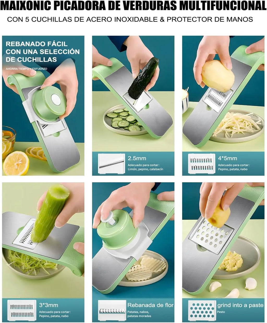 Picador de Verduras Multifuncional con 5 Cuchillas de Acero Inoxidable, Mandolina de Cocina para Frutas y Ensaladas