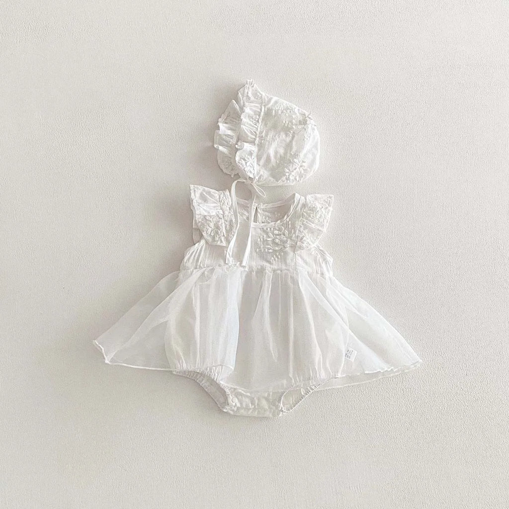 Conjunto de Ropa para Bebé Niña de 0 a 2 Años, 2026, Body Blanco con Estampado Floral Tridimensional y Gorro, 2 Piezas